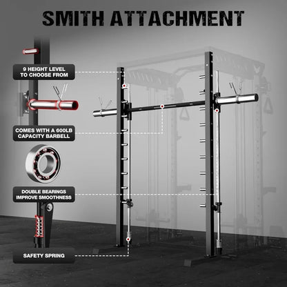 M21 Smith Machine, Multi-Function Power Cage with Dual Pulley Cable Crossover System, 2000LBS All-in-One Squat Rack
