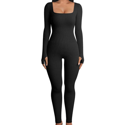 Women's Yoga Jumpsuits Long Sleeve Square Neck Sport Bodycon Jumpsuit for Sports Fitness Workout Wear