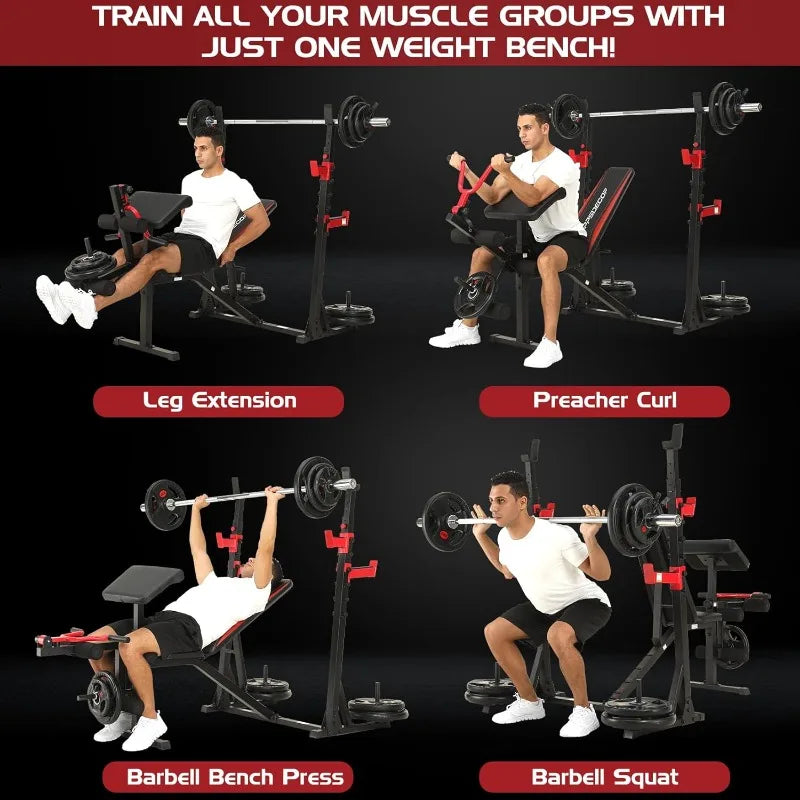 OPPSDECOR 900LBS Weight with Squat Rack Preacher Curl Weight Bench with Leg Extension Bench Press Set Workout Bench