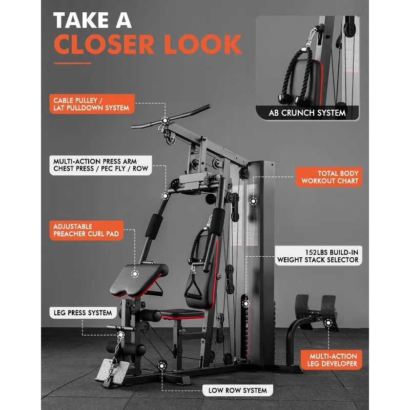 Mikolo Home Gym, Workout Station with 150LBS Weight Stack, Multifunctional Home Gym Equipment,