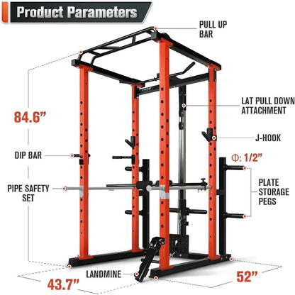 RitFit Power Cage with Optional LAT PullDown/Cable Crossover/Smith Machine System, 1000LB Squat Rack for Home & Garage Gym